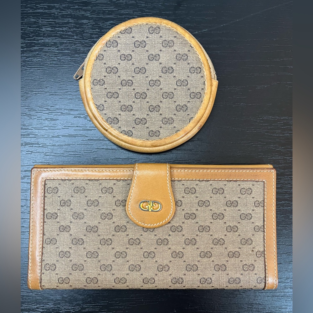 Vintage Gucci Wallet Tan Micro Monogram Long Wallet and Matching Coin Purse Set